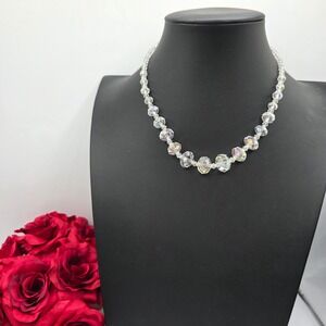 Vintage Style Aurora Borealis AB Faceted Glass Crystal Graduated Bead Necklace